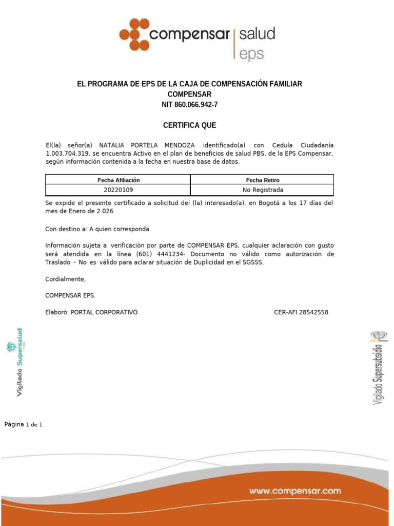 Certficado EPS Compensar | PDF