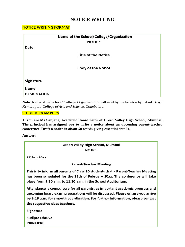 Notice Writing Format and Exercises | PDF