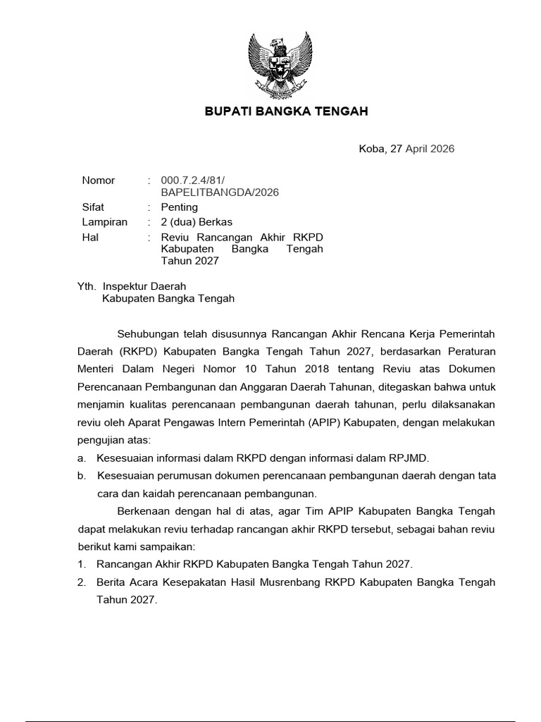 Surat Reviu APIP RKPD Kab. Bangka Tengah Tahun 2027 | PDF