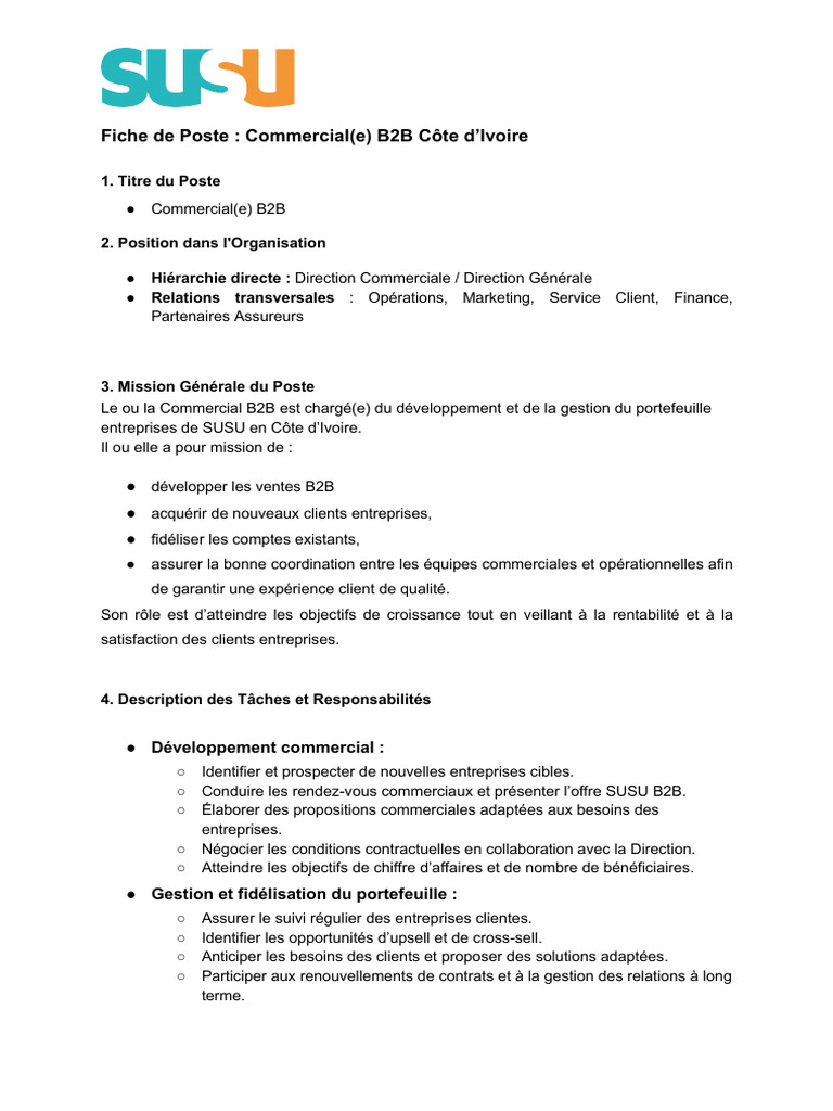 Fiche de Poste - Commercial (E) B2B Côte D'ivoire | PDF | Gestion de la ...