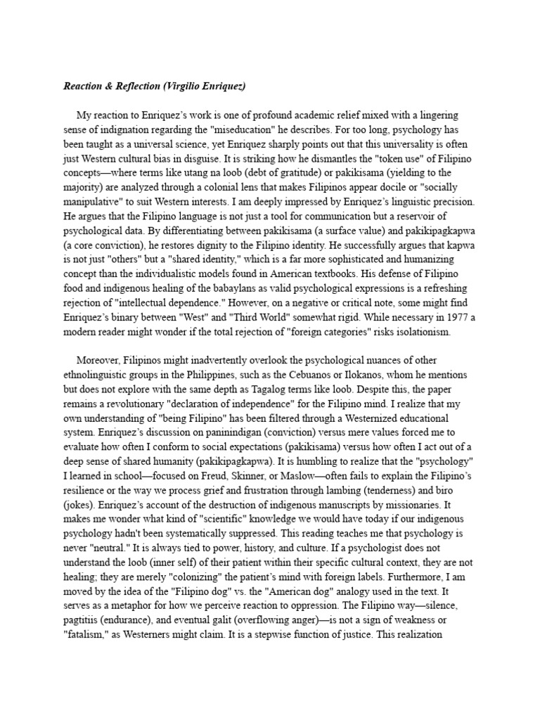 Reaction & Reflection For Virgilio Enriquez - Activity-SIKOLOHIYANG ...