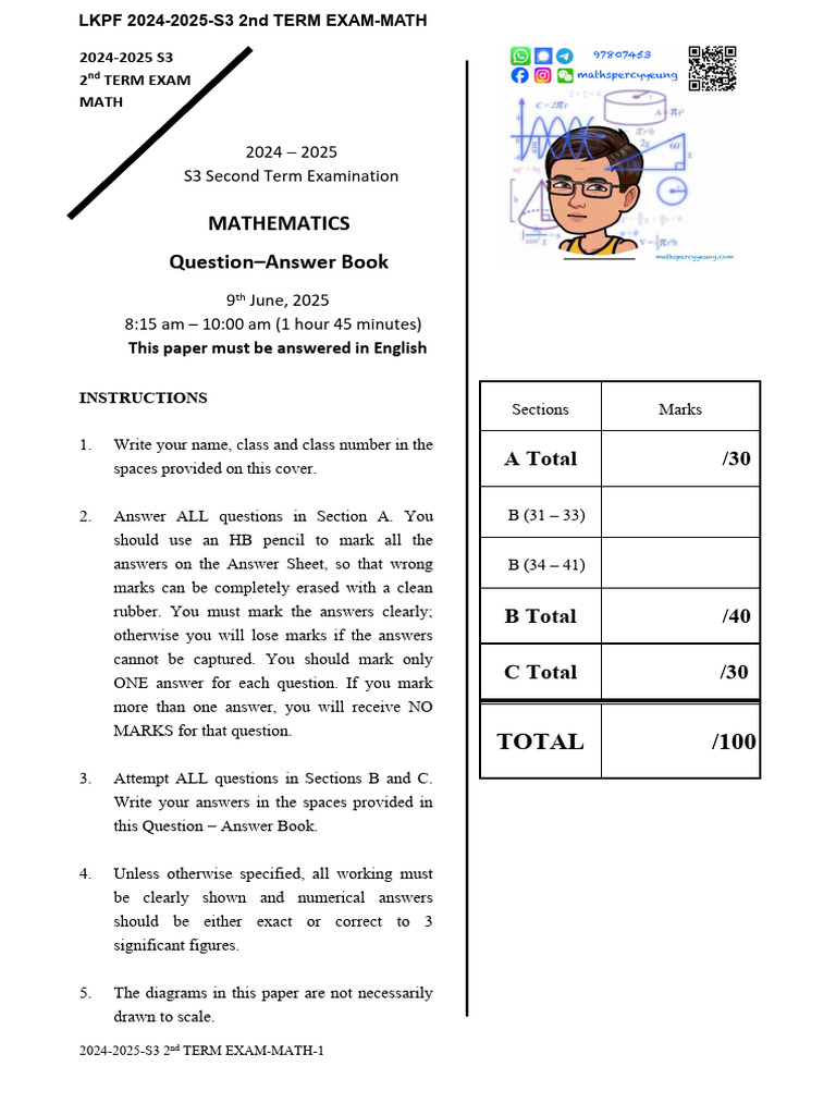 LKPF 2024 2025 s3 2nd Term Exam Math | PDF | Sphere | Mathematics