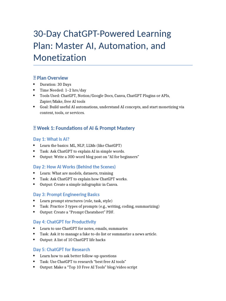 30-Day AI Learning Plan (1) | PDF | Artificial Intelligence ...