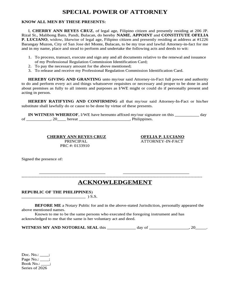 Spa Prc - Cherry Ann Reyes Cruz | PDF | Power Of Attorney | Justice
