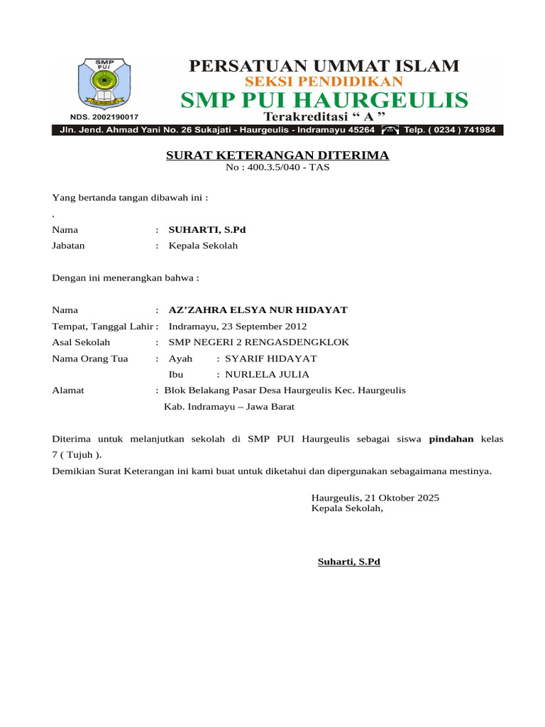 Surat Keterangan Diterima | PDF