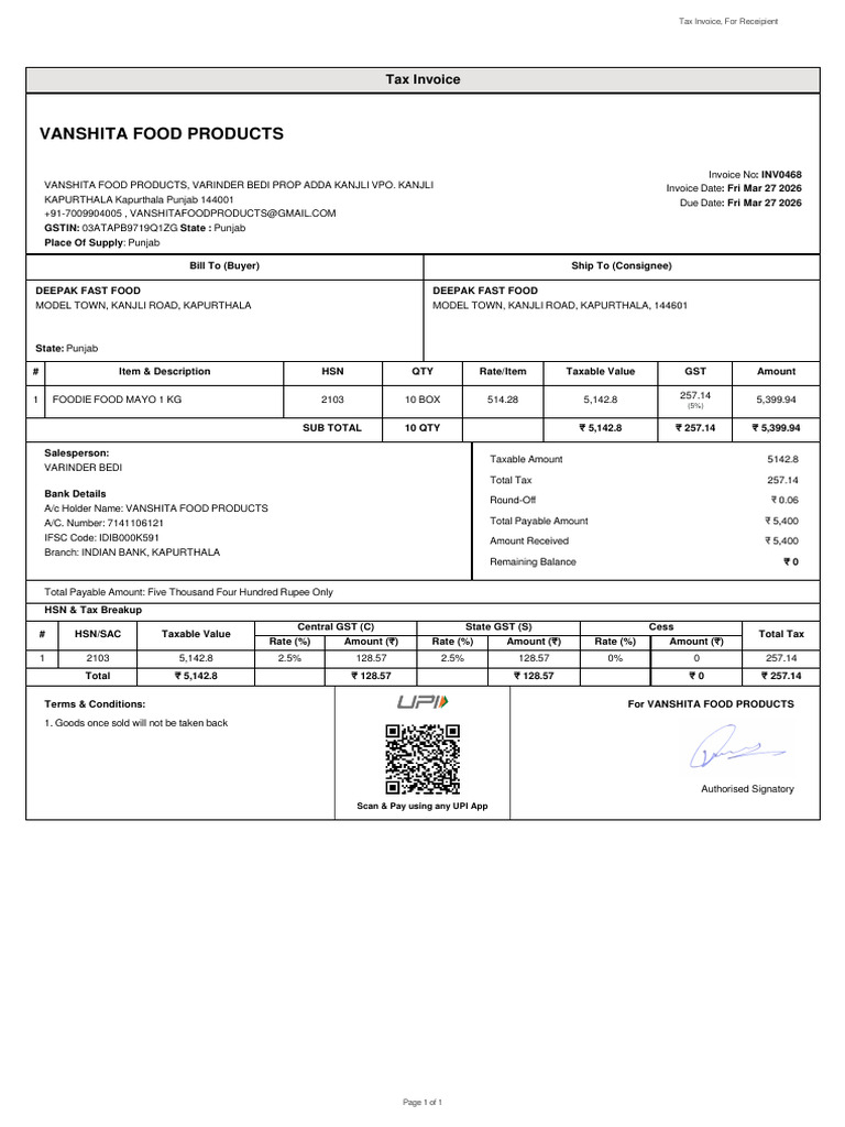 Invoice Inv468 Deepak Fast Food | PDF | Invoice | Taxation