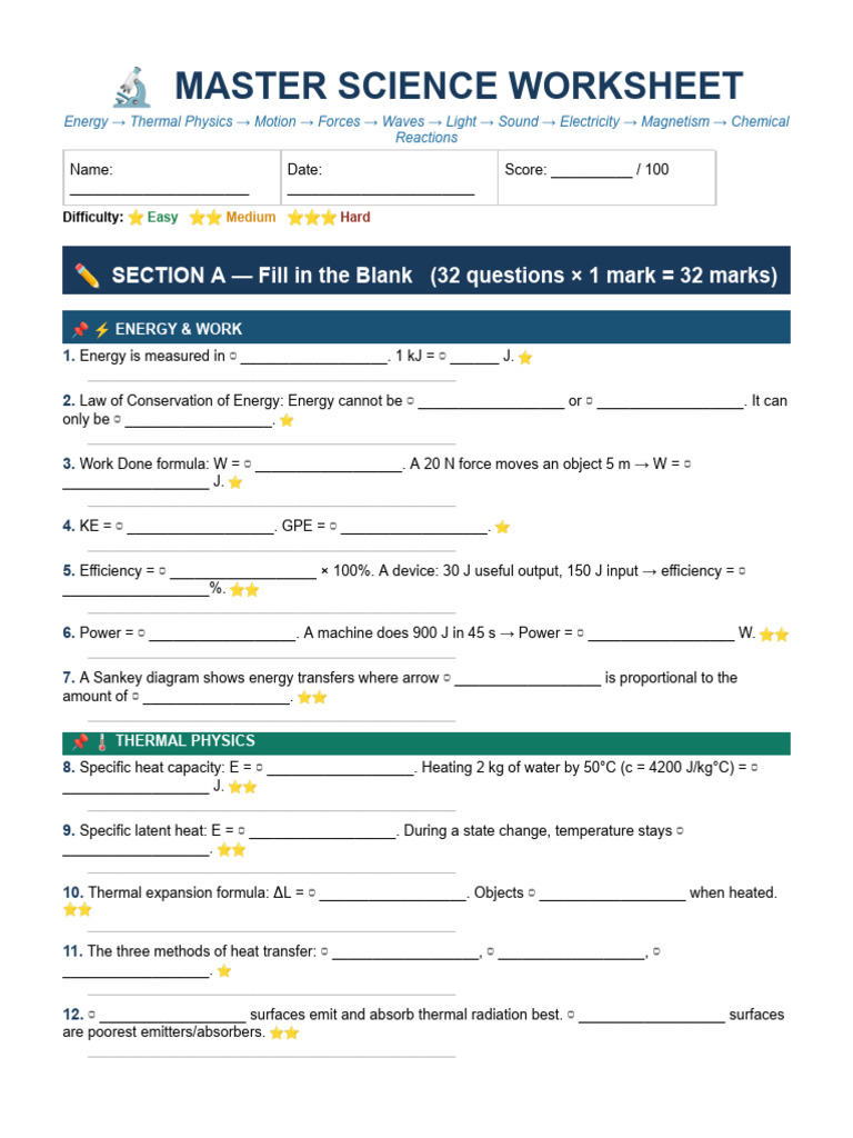 Master Science Worksheet-1 | PDF | Waves | Light
