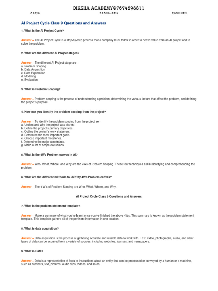 AI Project Cycle Class 9 Questions and Answers-send | PDF | Artificial ...