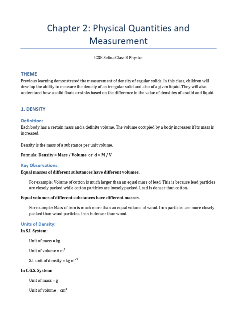 Chapter 2 Physics Notes Class 8 | PDF | Density | Buoyancy