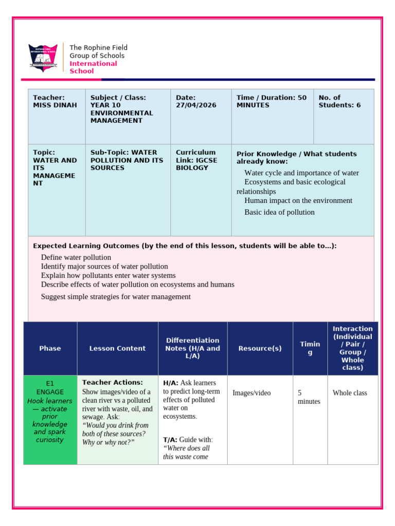 Environmental Lesson Plan Year 10, Ls 1, Wk 2 | PDF | Water Pollution ...