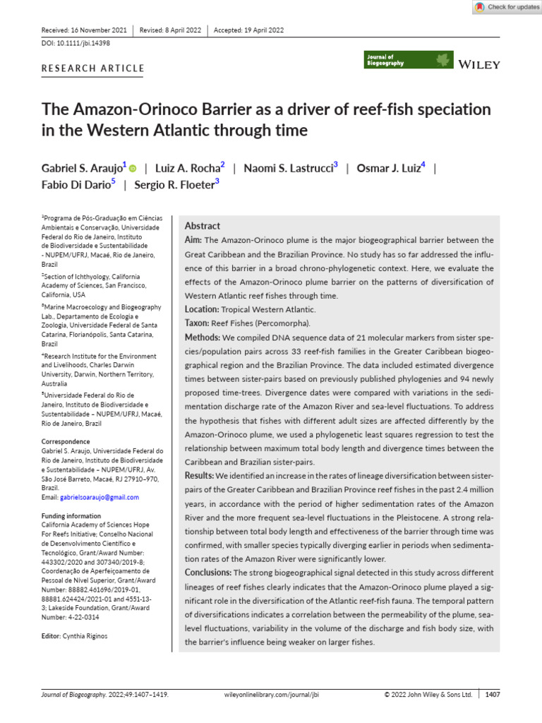 Journal of Biogeography - 2022 - Araujo - The Amazon‐Orinoco Barrier as a Driver of Reef‐Fish ...