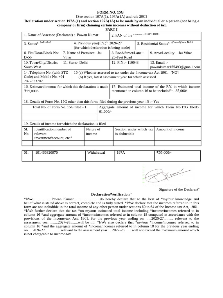 FORM 15G | PDF | Income Tax | Payments