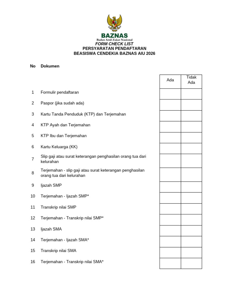 Form Check List BCB Aiu 2026 | PDF