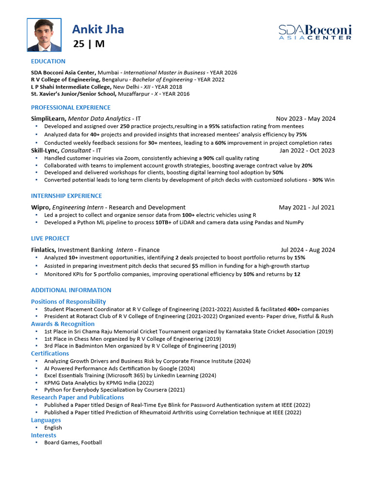 Ankit Jha Cv Sda Bocconi Asia Center(b) | PDF | Mentorship | Business