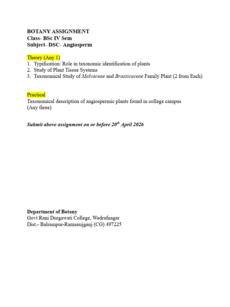 BSc IV Sem- Botany DSE Assignment- Theory & Practical | PDF