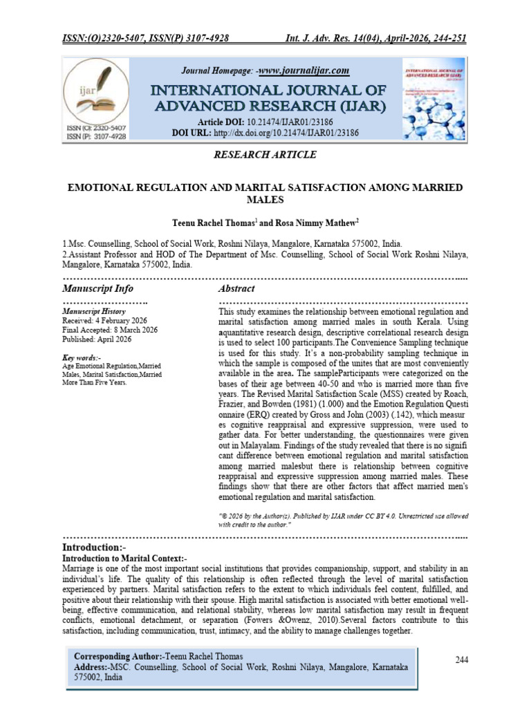 EMOTIONAL REGULATION AND MARITAL SATISFACTION AMONG MARRIED MALES | PDF ...