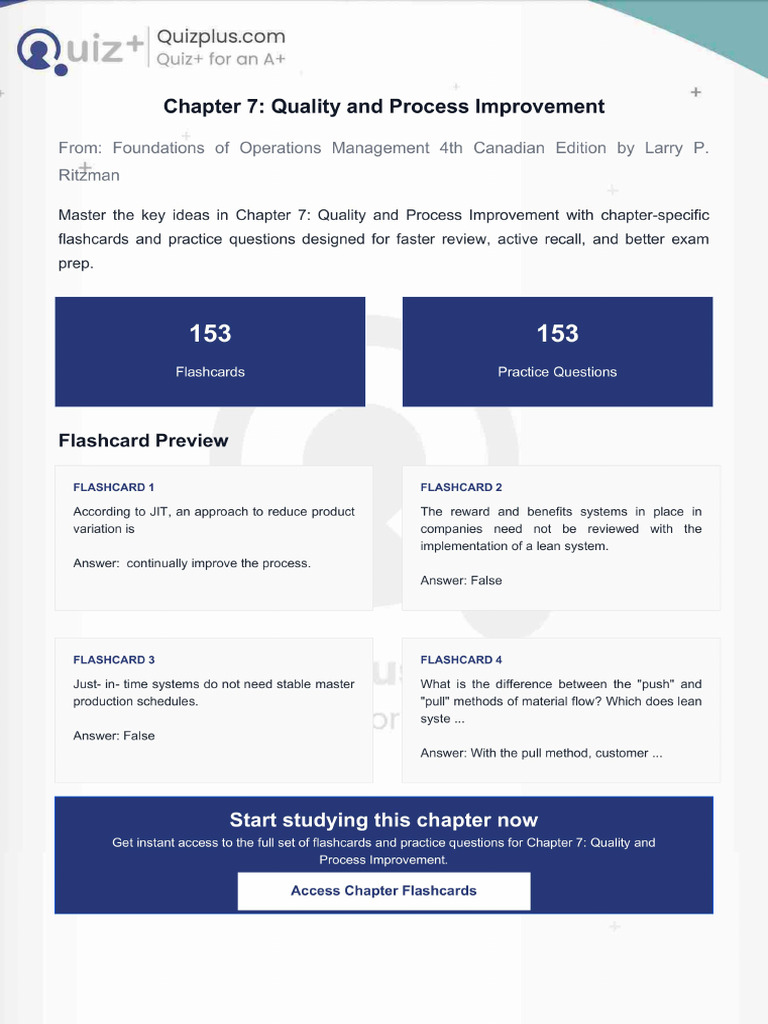 Flashcards for Chapter 7 Quality and Process Improvement | PDF