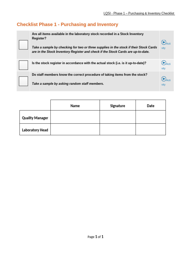 Purchase Inventory_Checklist Phase 1 | PDF