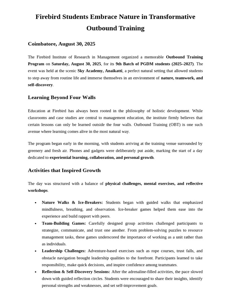 Outbond Training - 30.08.2025 | PDF | Leadership | Team Building