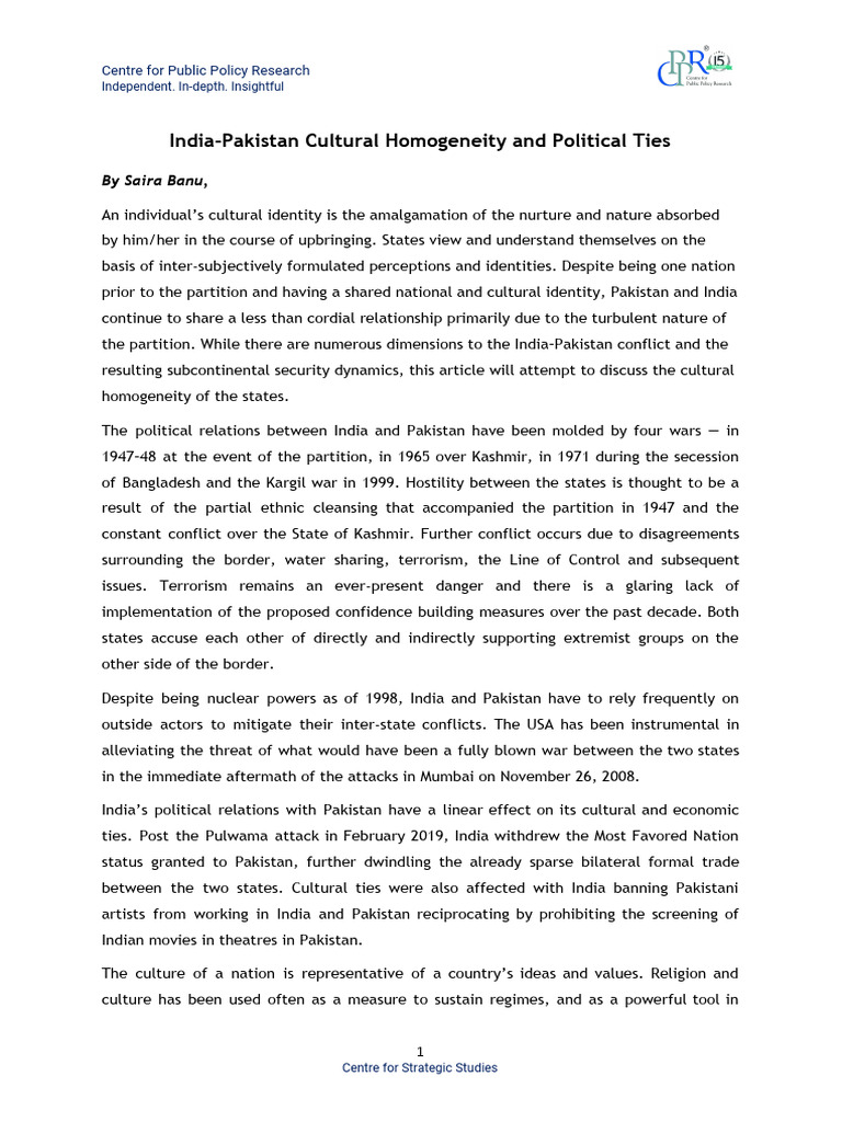 A) India Pakistan Cultural Homogeneity and Political Ties | PDF | Pakistan