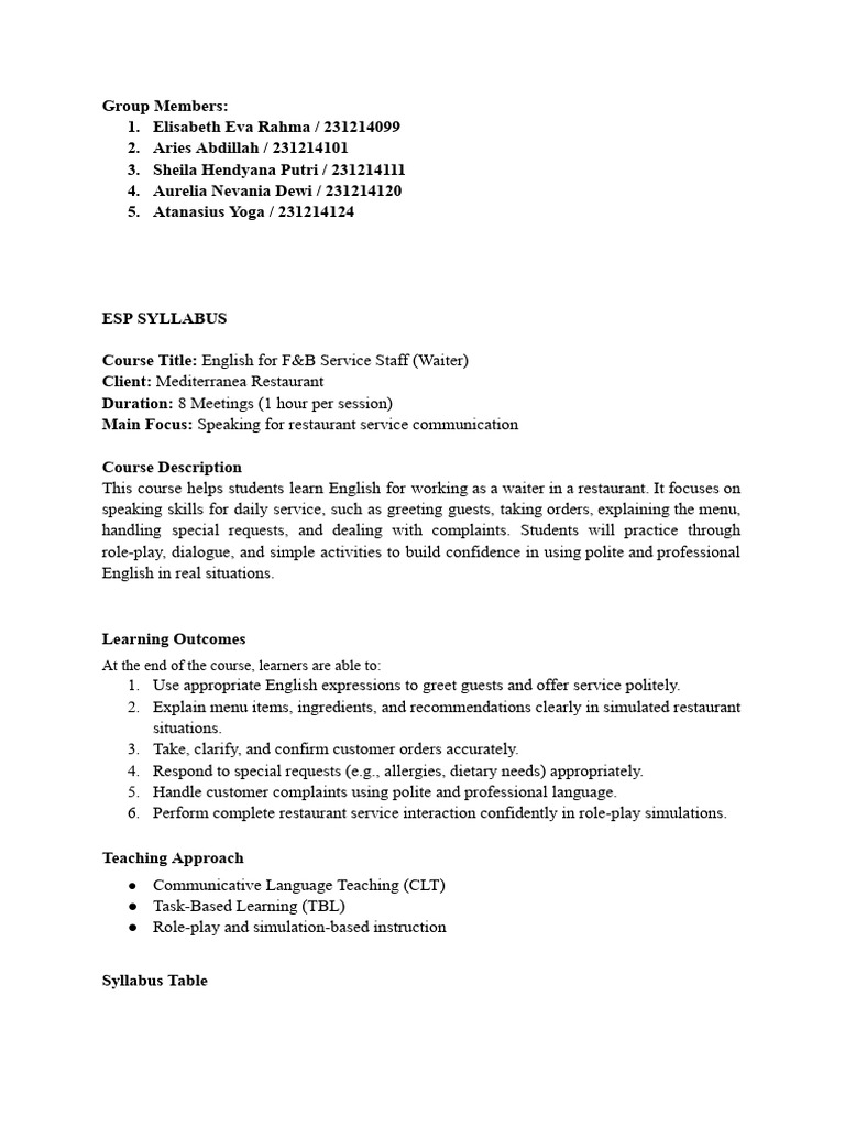 Draft ESP Syllabus | PDF | Menu | Learning