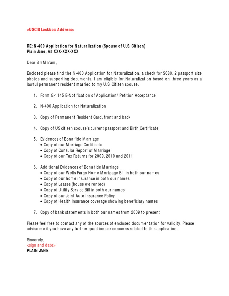N-400 Cover Letter Sample | PDF | Government And Personhood | Government