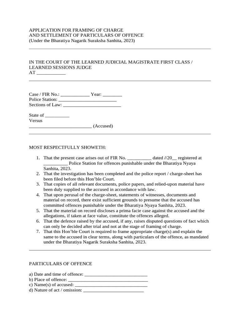 Application for Framing of Charge Particulars of Offence. | PDF
