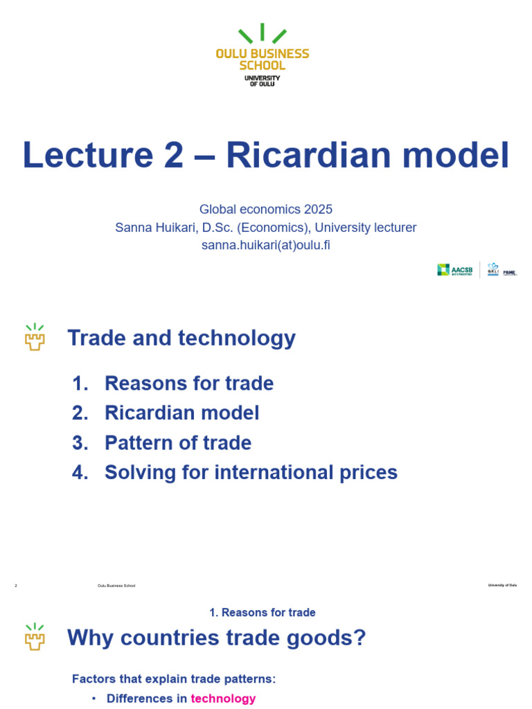 Lecture 2 - Ricardian model | PDF | Comparative Advantage | Economics