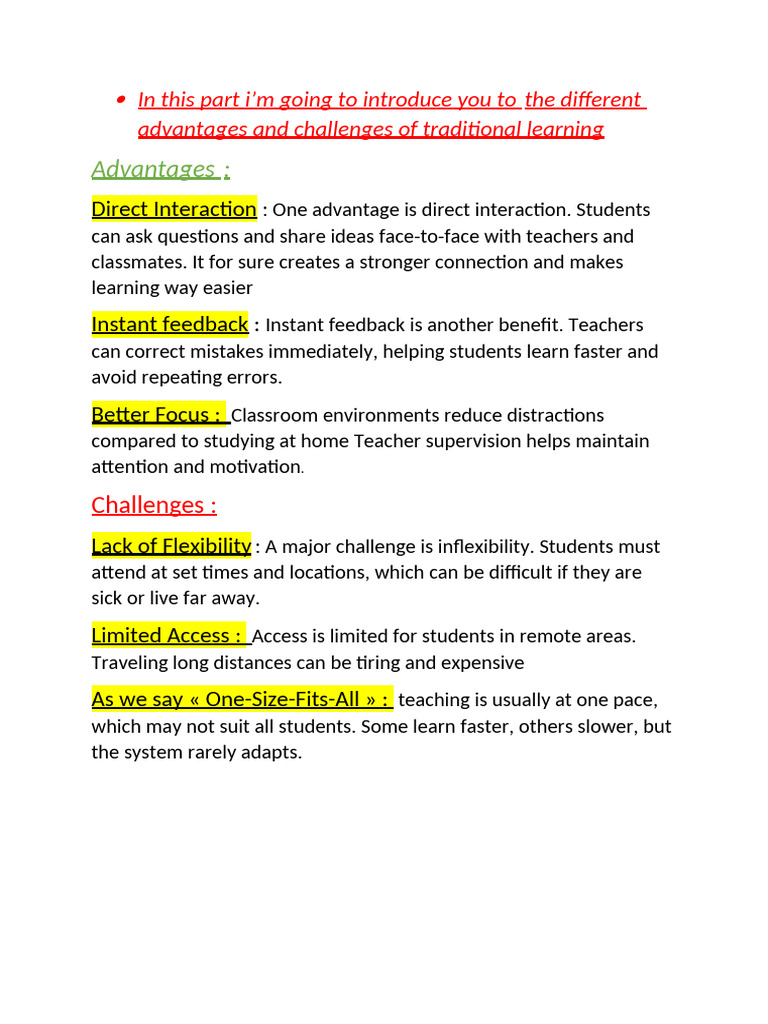 Traditional Learning (Advantages and Challenges) | PDF