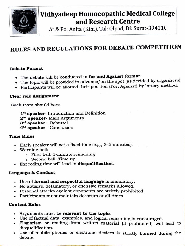 Debate Competition Rules and Regulations | PDF