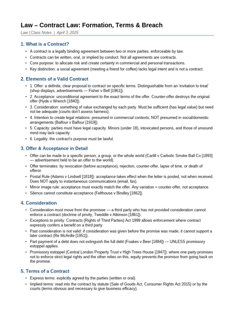 Law Contract Notes | PDF | Breach Of Contract | Misrepresentation
