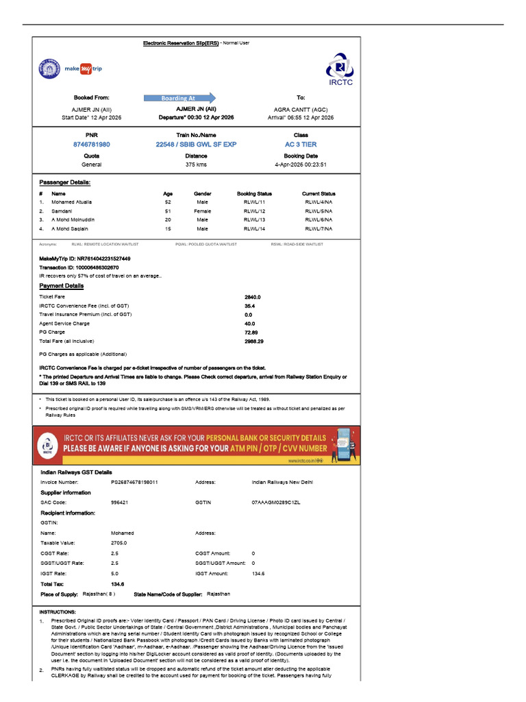 Sbib GWL SF Exp Ac 3 Tier: Passenger Details | PDF | Identity Document