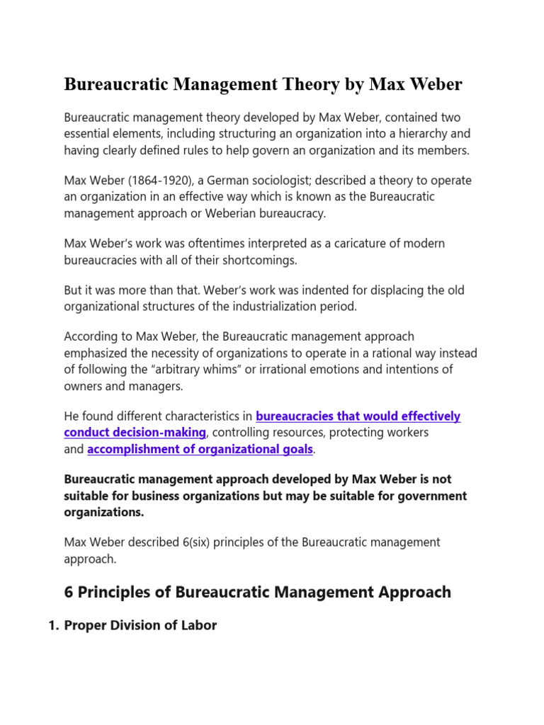 Bureaucratic Management Theory by Max Weber | PDF | Bureaucracy | Max Weber