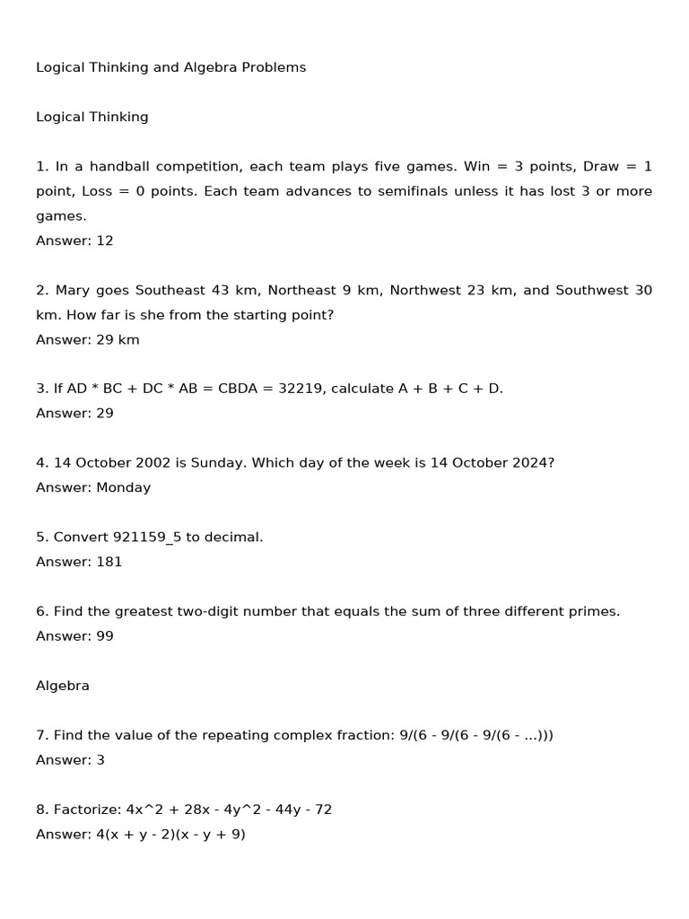 Logical Thinking and Algebra Problems | PDF | Area | Numbers