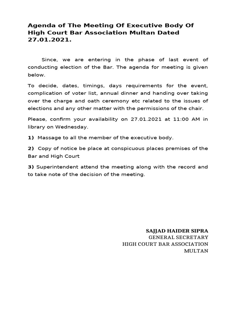 Agenda of the Meeting of Executive Body of High Court Bar Association ...
