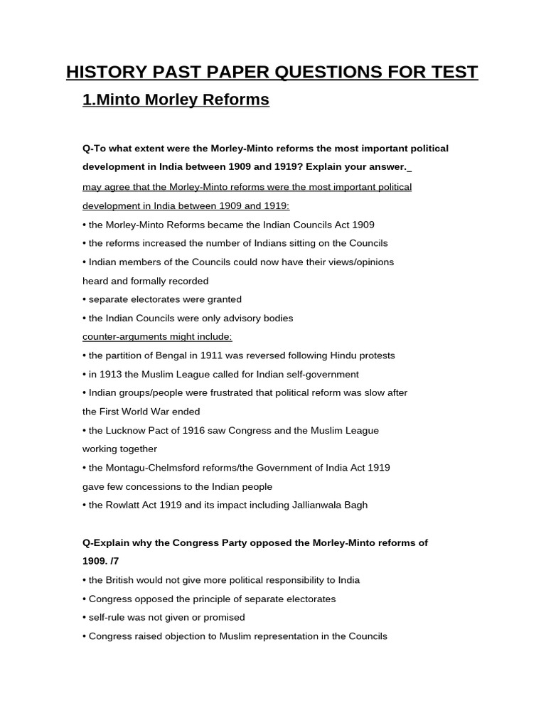 HISTORY PAST PAPER QUESTIONS FOR TEST | PDF | All India Muslim League ...