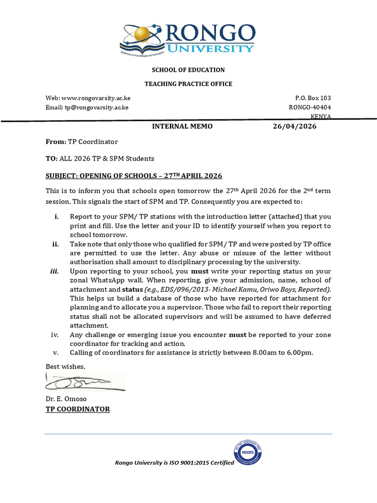 Spm-tp Opening Schools Memo | PDF