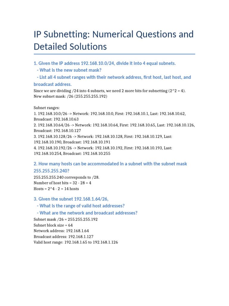 IP Subnetting Numerical Questions and Solutions | PDF