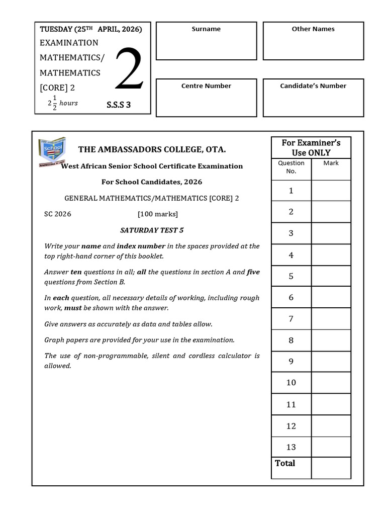 s.s.s 3 Mathematics Waec Saturday Test 5_removed | PDF | Quadratic ...