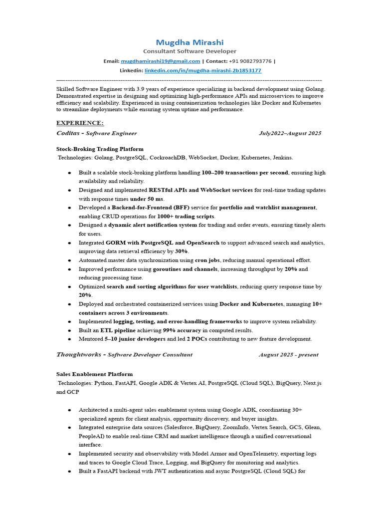 Mugdha Mirashi Software Developer | PDF | Cloud Computing | Postgre Sql