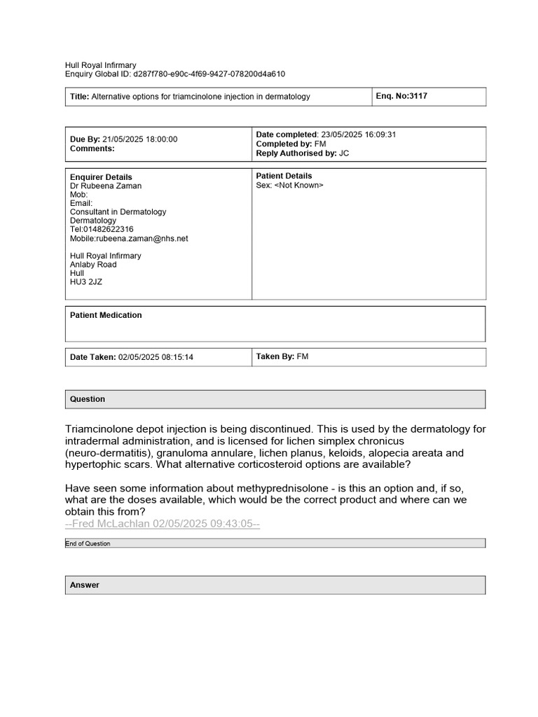 Enquiry 3117 - Alternative Options for Triamcinolone Injection in ...