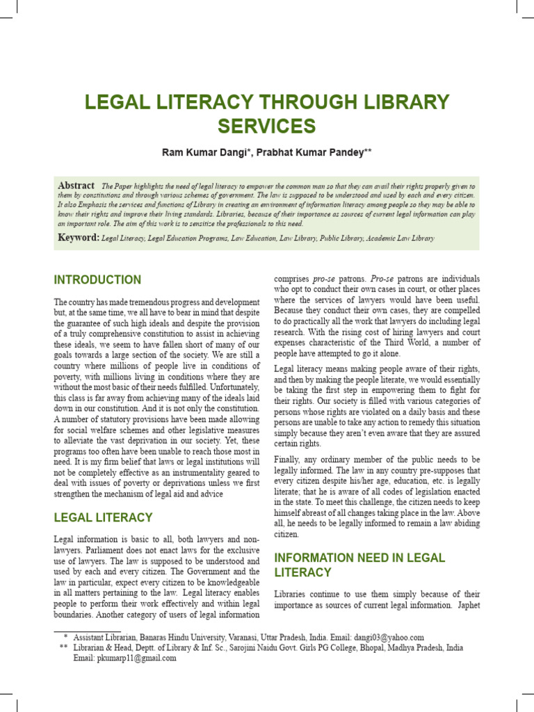 Legal Literacy Through Library Services | PDF | Libraries | Public Library