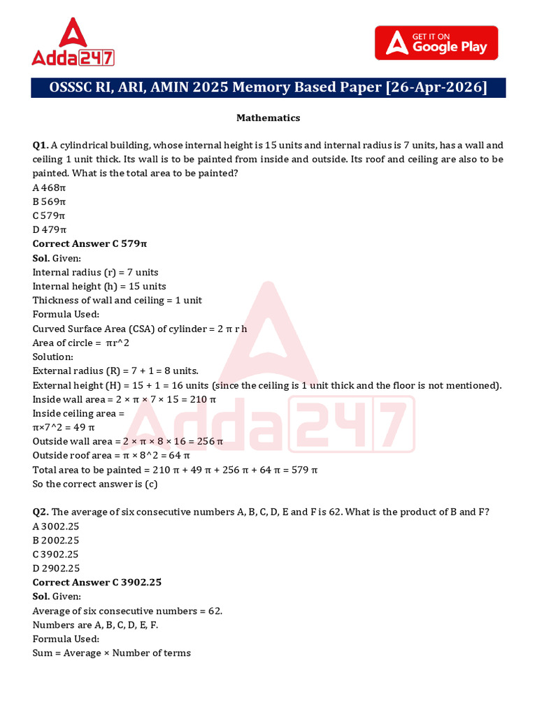 OSSSC RI ARI AMIN 2025 Memory Based Paper 26 Apr 2026 Exam | PDF ...