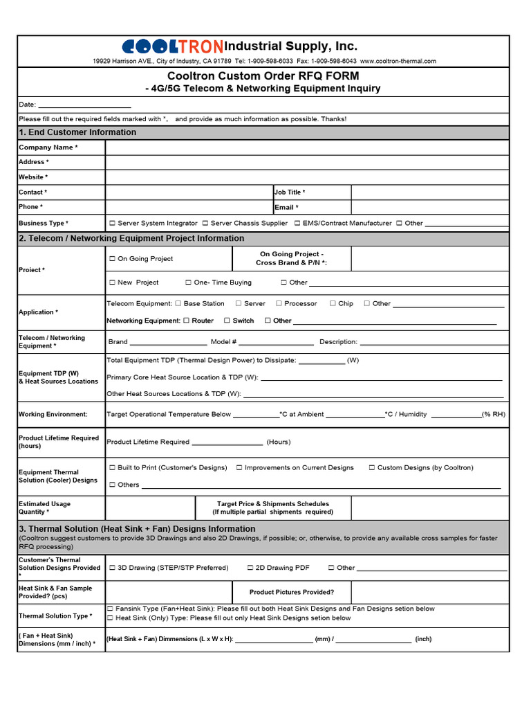 Cooltron Telecom & Networking Equipment Custom Order RFQ Form | PDF ...