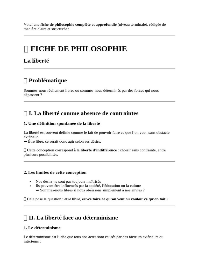 Voici une fiche de philosophie complète et approfondie | PDF | Liberté ...