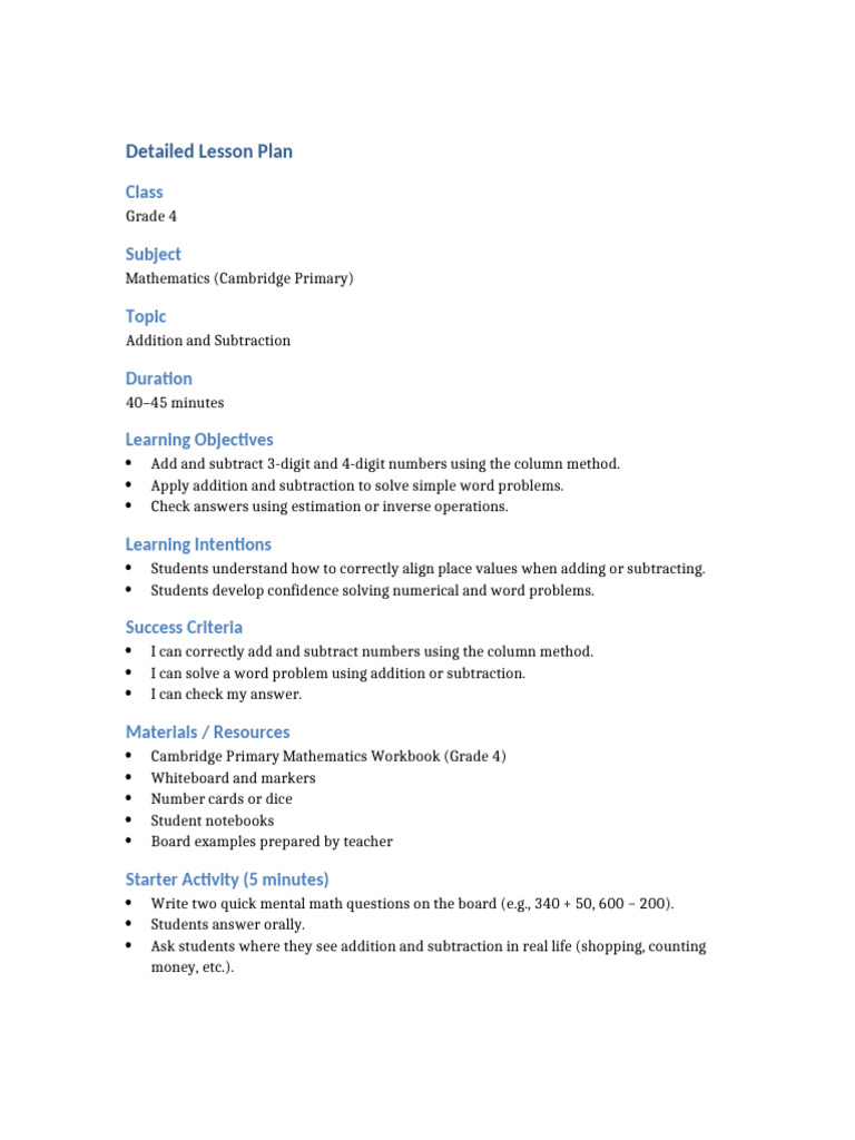 Grade4 Cambridge Addition Subtraction Detailed Lesson Plan | PDF ...