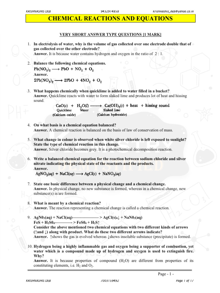 Chemical Reactions and Equations Question Bank | PDF | Chemical ...