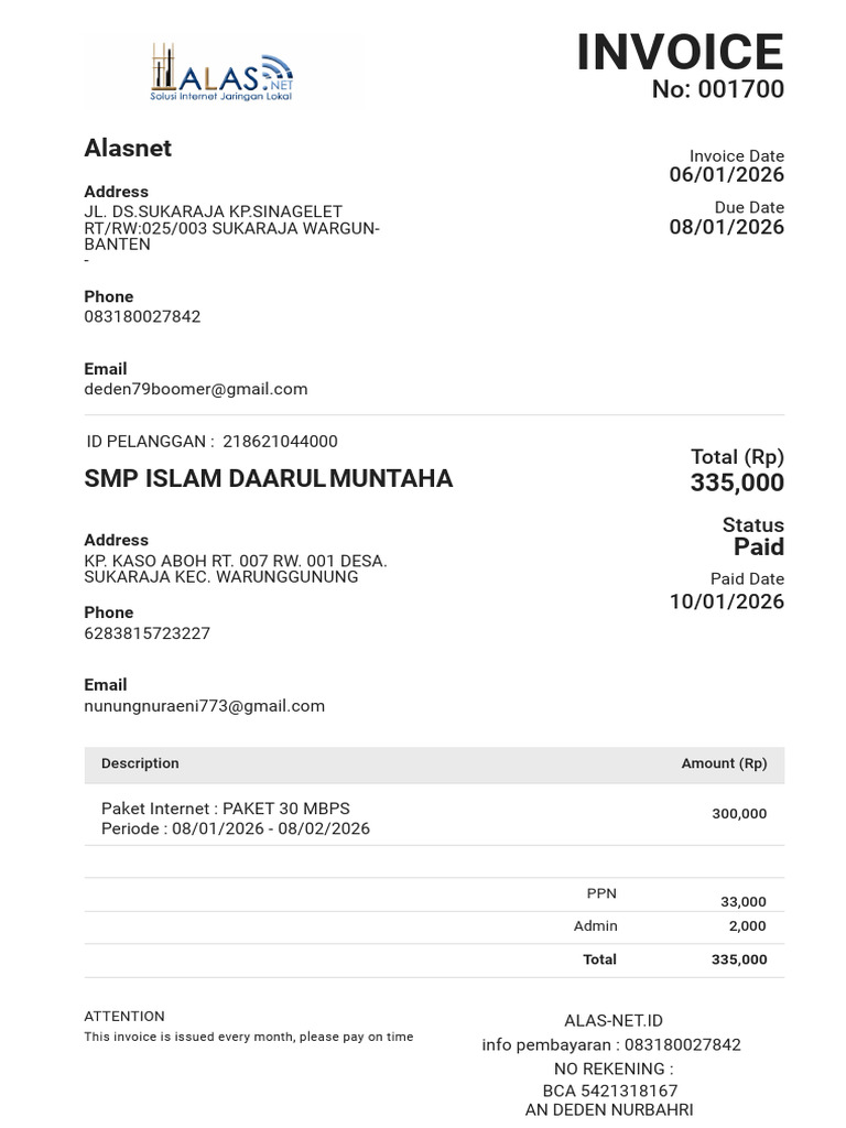 Invoice-001700 Smp Islam Daarul Muntaha Januari 2026 | PDF