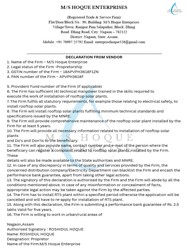 Declaration From Vendor MS HOQUE ENTERPRISES | PDF | Chess Openings | Chess
