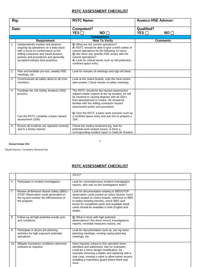 RSTC Assessment Checklist (1) | PDF | Safety | Occupational Safety And ...